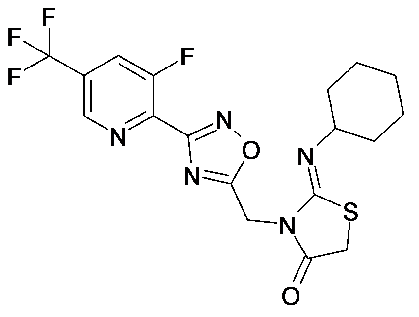 2-[(Z)-Cyclohexylimino]-3-[3-(3-fluoro-5-trifluoromethyl-pyridin-2-yl)-[1,2,4]oxadiazol-5-ylmethyl]-thiazolidin-4-one
